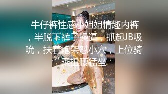  牛仔裤性感小姐姐情趣内裤，半脱下裤子操逼，抓起JB吸吮，扶着炮架怼小穴，上位骑乘扭腰猛坐